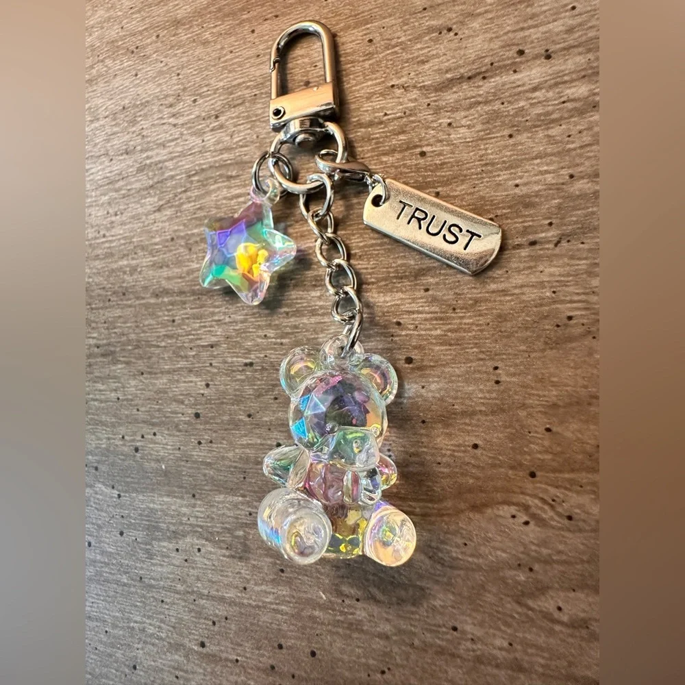 Iridescent Bear Keychain with Star and Trust Charm